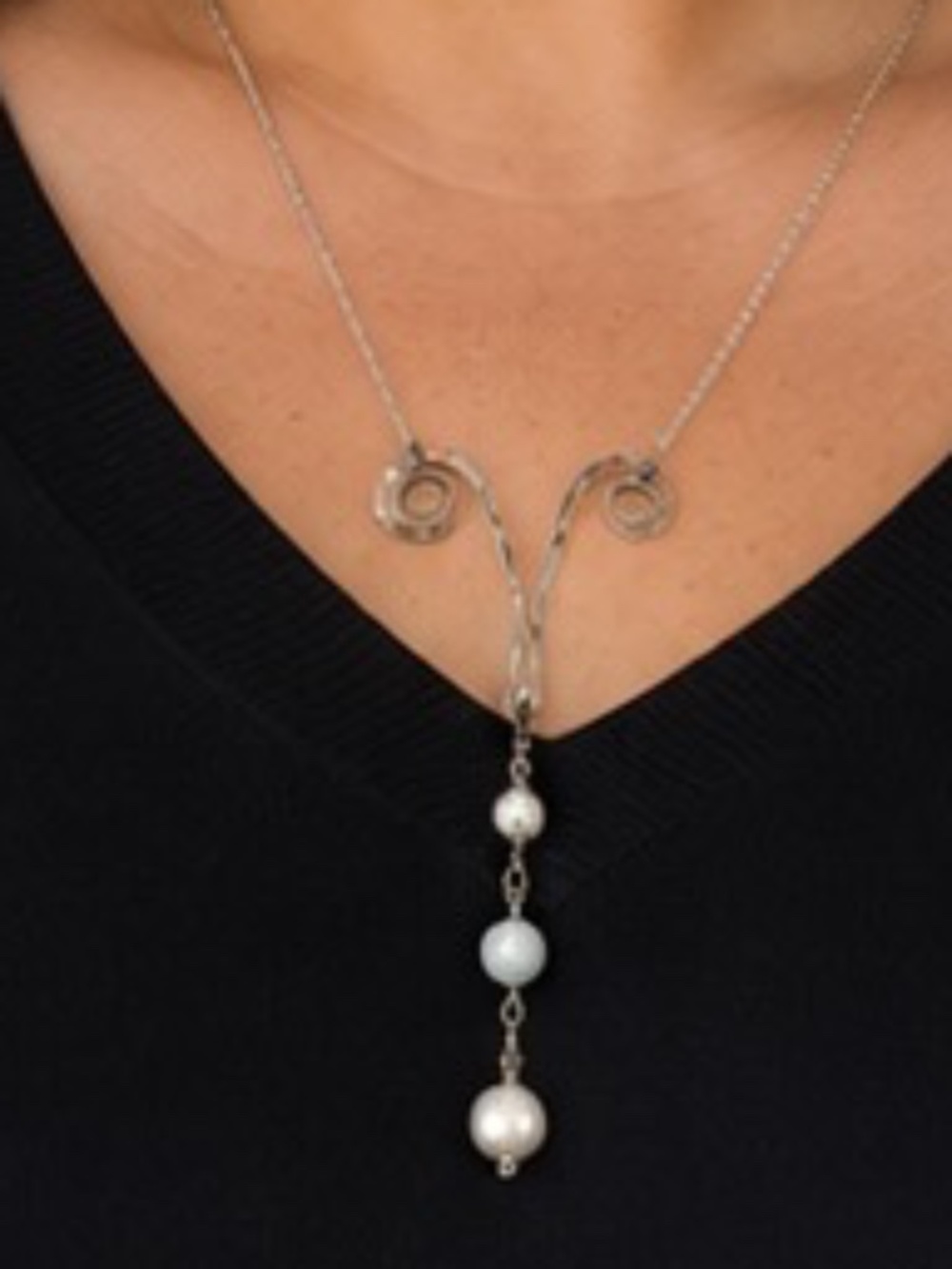 Handmade Wirework Necklace With Faux Pearl and Aquamarine Beads 24"